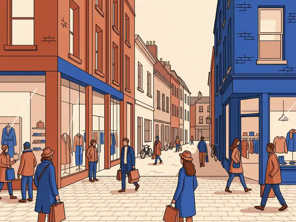 Busy Dutch pedestrian shopping street with crowded A1 flagship storefronts in the foreground transitioning to a quieter side street behind.