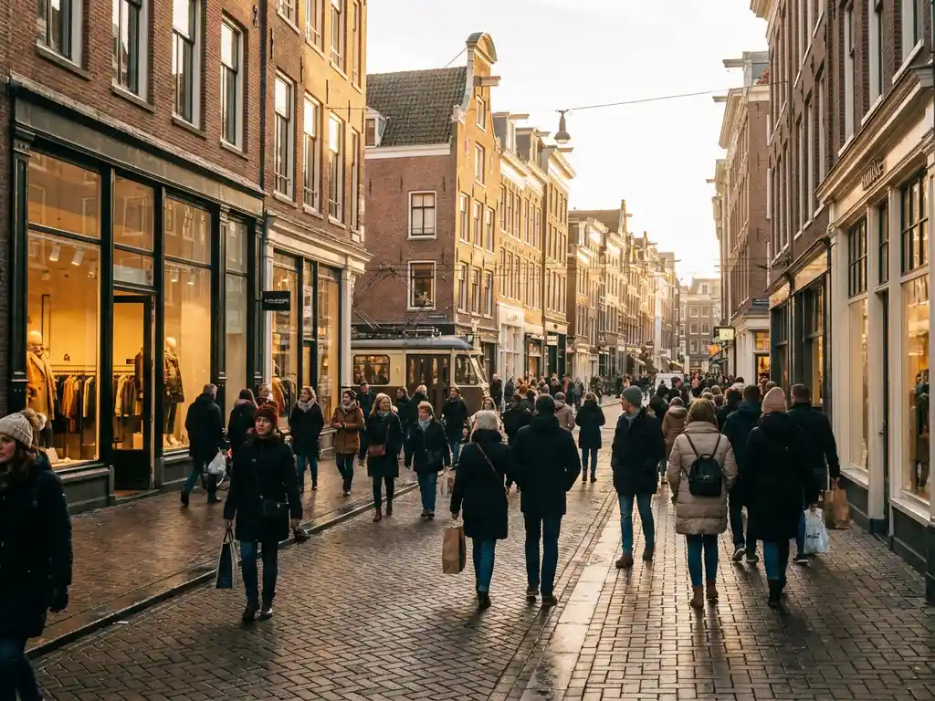 Busy Dutch pedestrian shopping street with crowds passing brick-facade retail stores on a cobblestone boulevard in golden afternoon light.