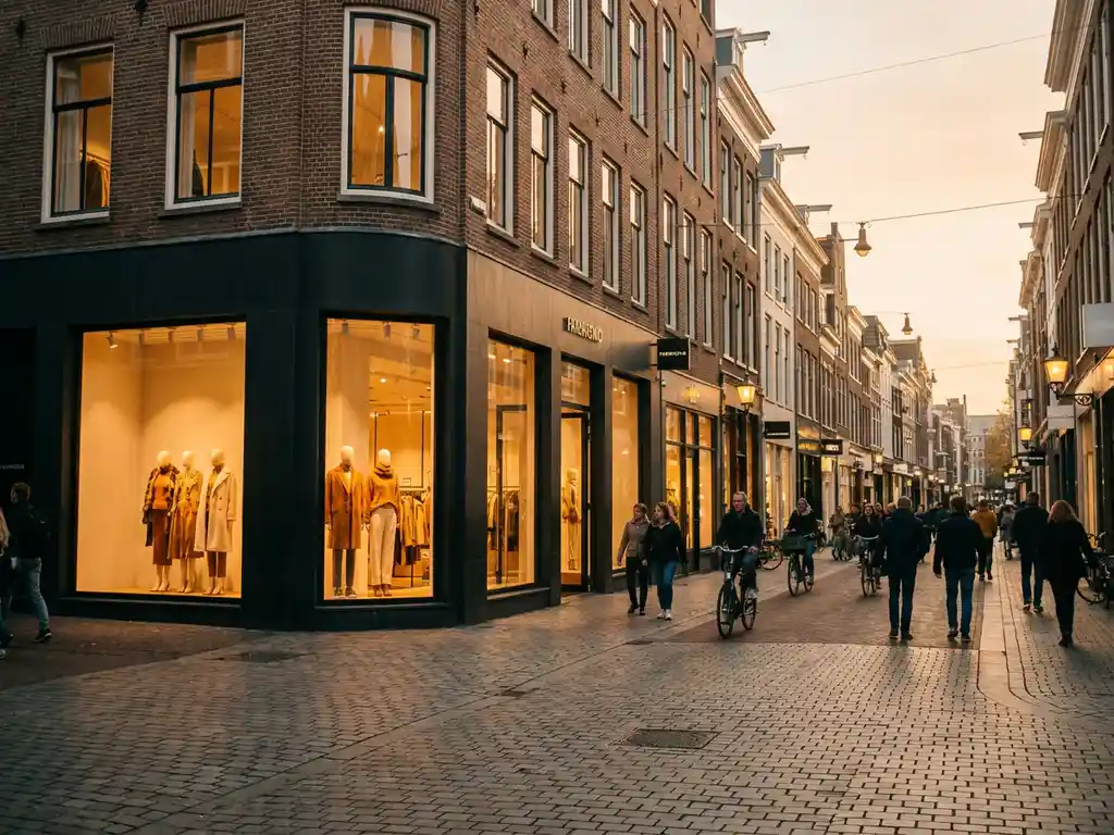 Flagship anchor store with bold window displays on a busy Dutch shopping street at golden hour, boutiques receding into background.