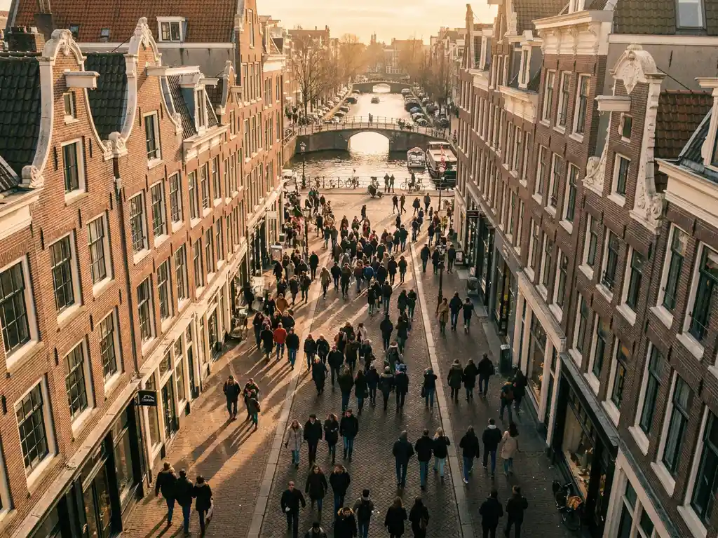 Crowded Dutch shopping street with brick storefronts, cobblestone pavement, and a canal in the background on a warm afternoon.