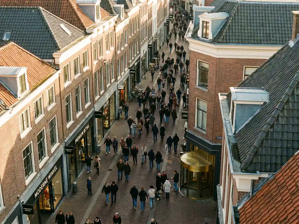 Busy Dutch shopping street with dense pedestrian foot traffic passing premium retail storefronts on warm brick pavement, aerial view.