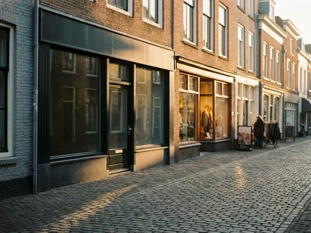 Empty storefront on a Dutch pedestrian shopping street, surrounded by active retailers glowing with warm amber light at golden hour.