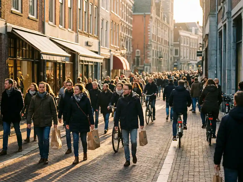 Shoppers carrying branded bags along a sunlit Dutch pedestrian shopping street with brick pavement and premium retail storefronts.