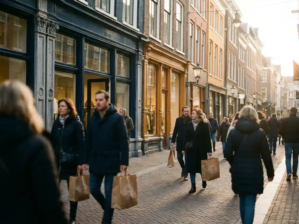 Shoppers carrying branded bags along a sunlit Dutch pedestrian shopping street with elegant brick facades and premium retail storefronts.
