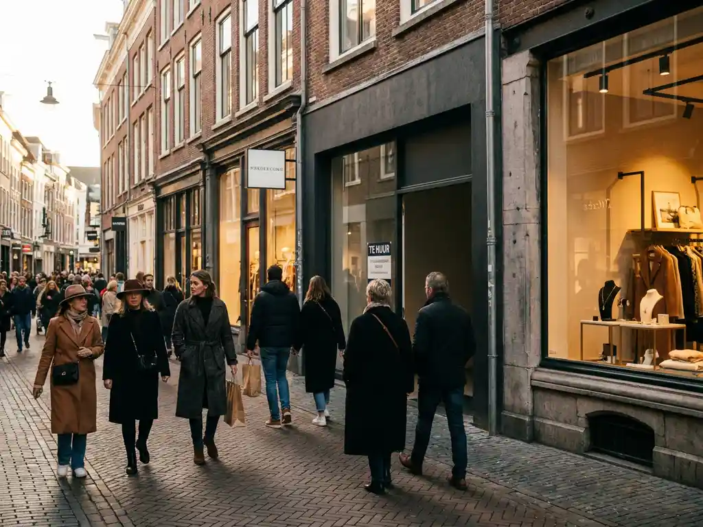 Busy Dutch pedestrian shopping street with a "Te Huur" sign on a vacant unit, well-dressed shoppers passing historic brick storefronts in golden afternoon light.