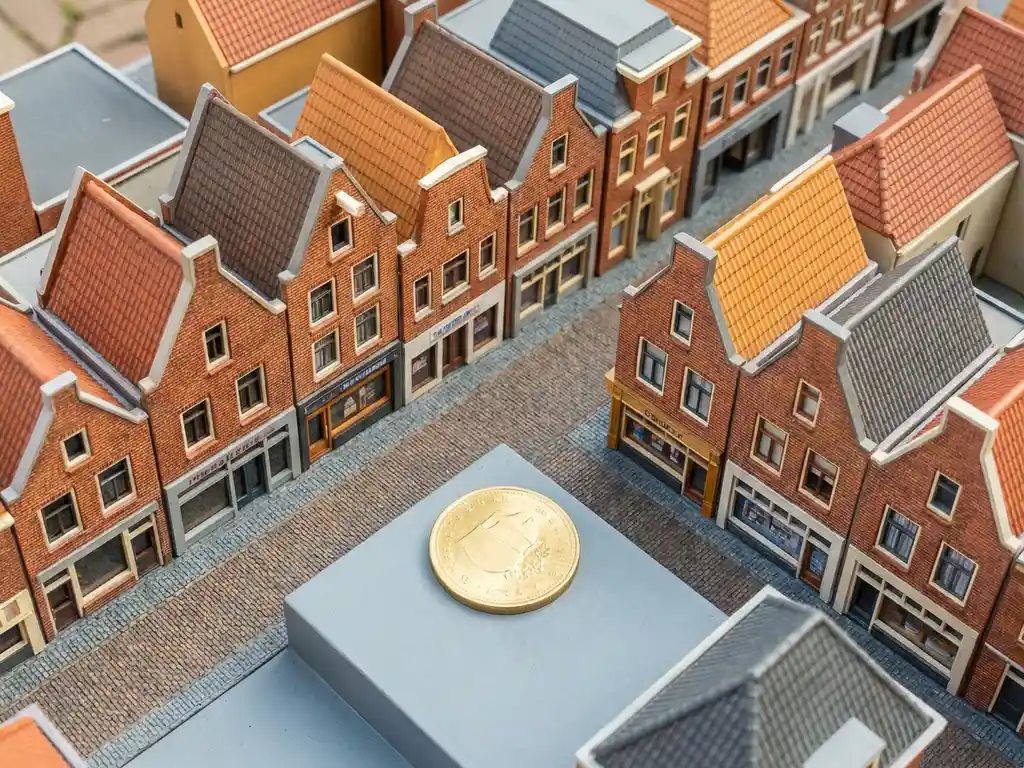 Architectural scale model of a Dutch pedestrian shopping street with brick facades and gabled rooftops, a gold coin in the foreground.