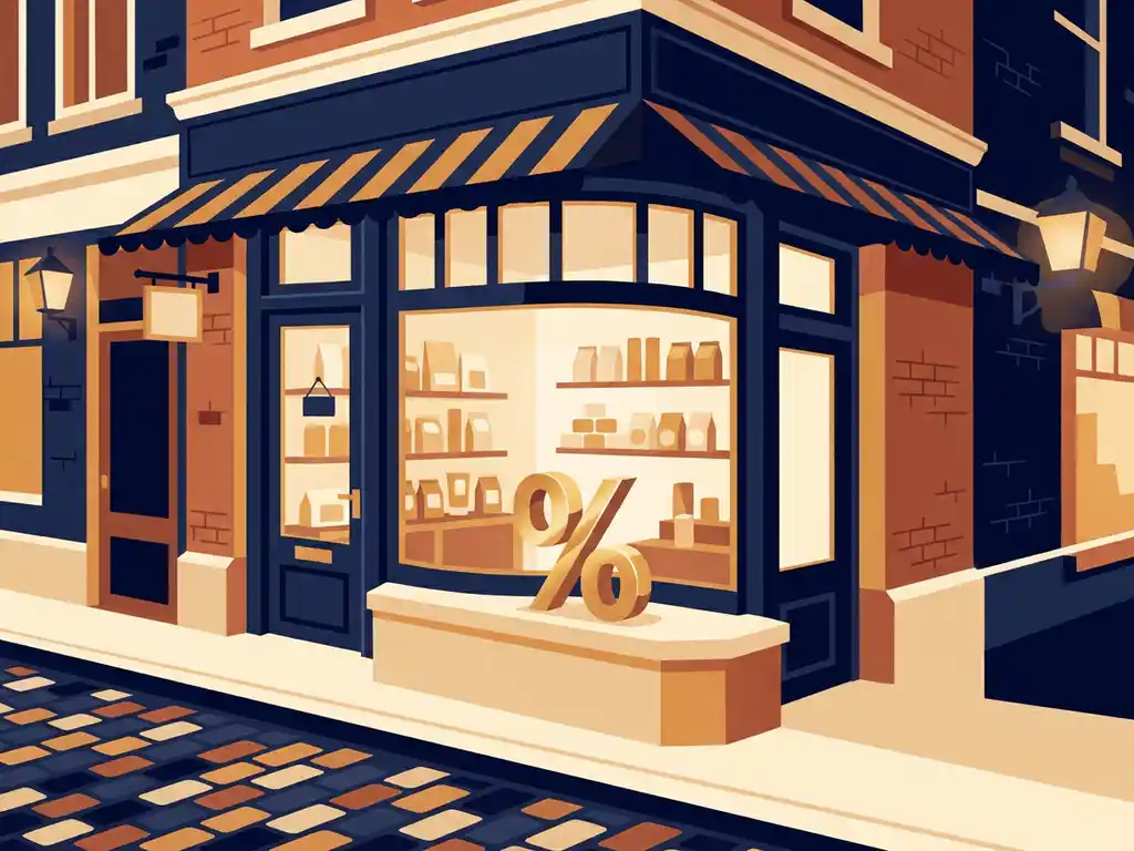 Dutch shopping street storefront with a golden percentage symbol sculpture on a glass window display, terracotta brick facade in navy, amber, and cream tones.
