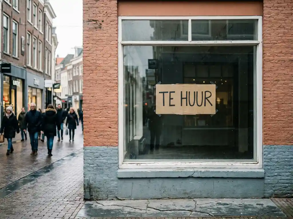 Empty Dutch retail storefront with a For Rent sign, contrasting a busy pedestrian shopping street under overcast northern European light.