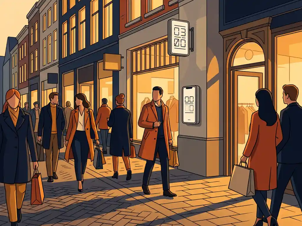 Drukte op een Nederlandse winkelstraat met voetgangersteller bij een premium winkel, lange schaduwen over kinderkopjes in middagzon.