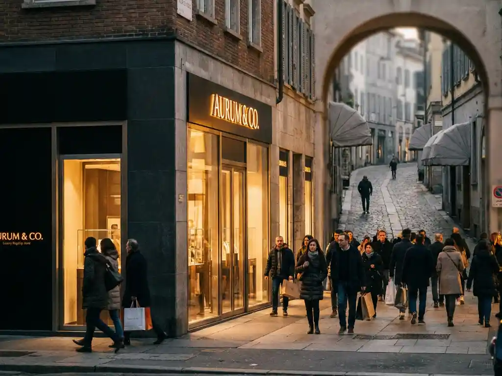 Busy luxury flagship store corner bathed in warm afternoon sunlight contrasting with a quiet, shadowed secondary shopping street in the background.