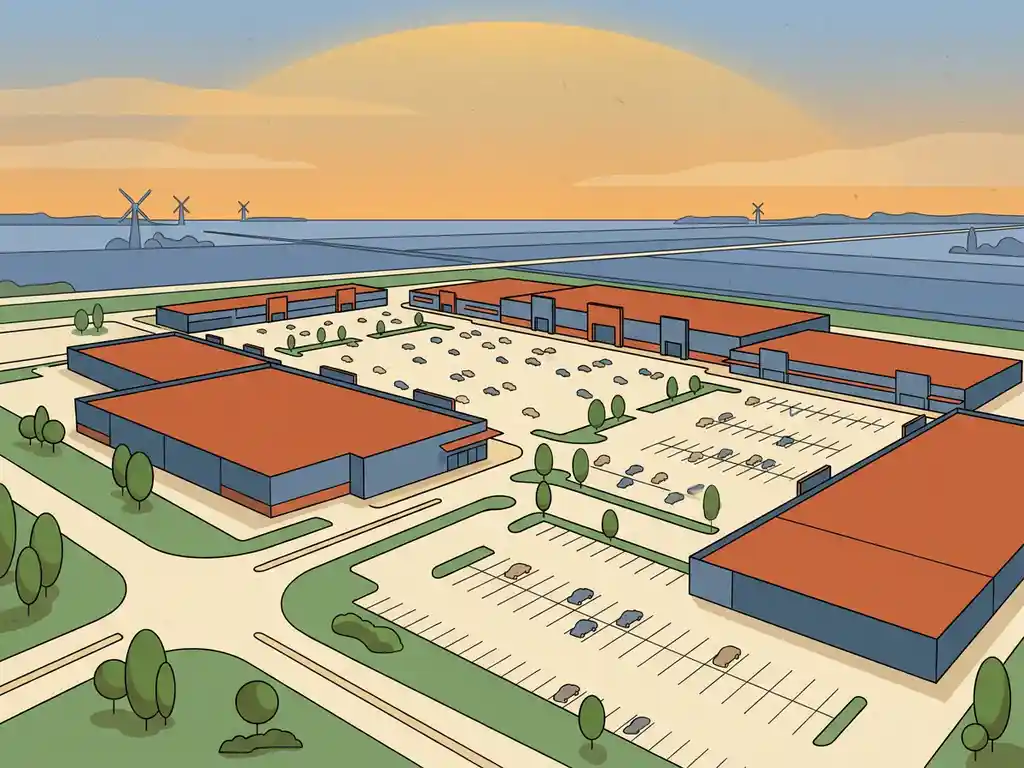 Luchtaanzicht van een grootschalig retailpark met grote winkels, ruime parkeerterreinen en een vlak Nederlands polderlandschap.