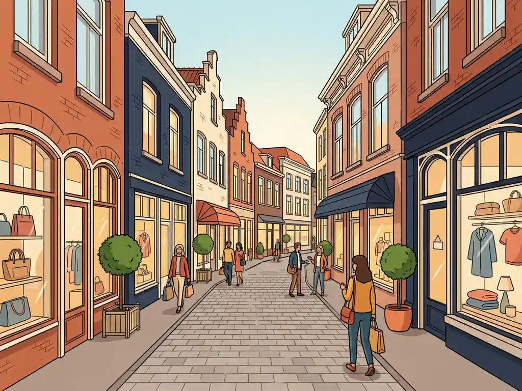 Drukke Nederlandse winkelstraat met bakstenen gevels, etalages en klinkerpad, winkelende mensen met tassen in warm middaglicht.