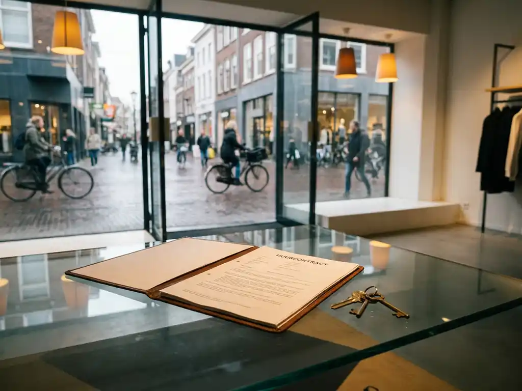 Lease agreement and keys on a glass desk in a Dutch retail storefront with floor-to-ceiling windows overlooking a pedestrian shopping street.