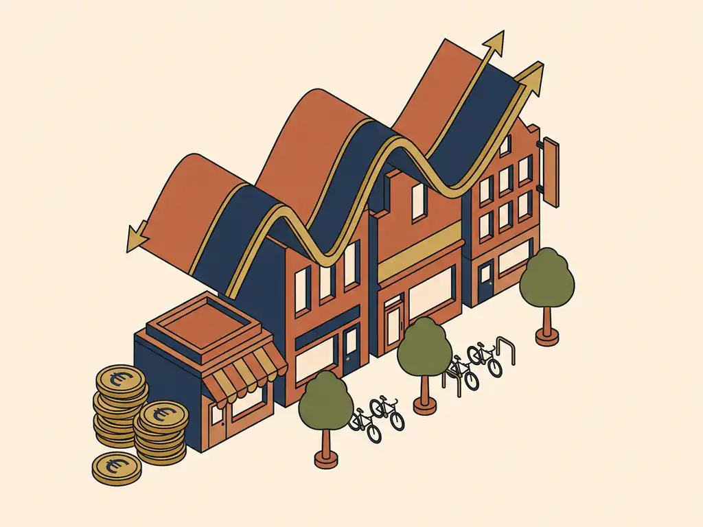 Huurindexgrafiek als winkelluifel boven Nederlandse winkelstraat, met gestapelde euromunten naast miniatuur winkelpand in terracotta en marineblauw.