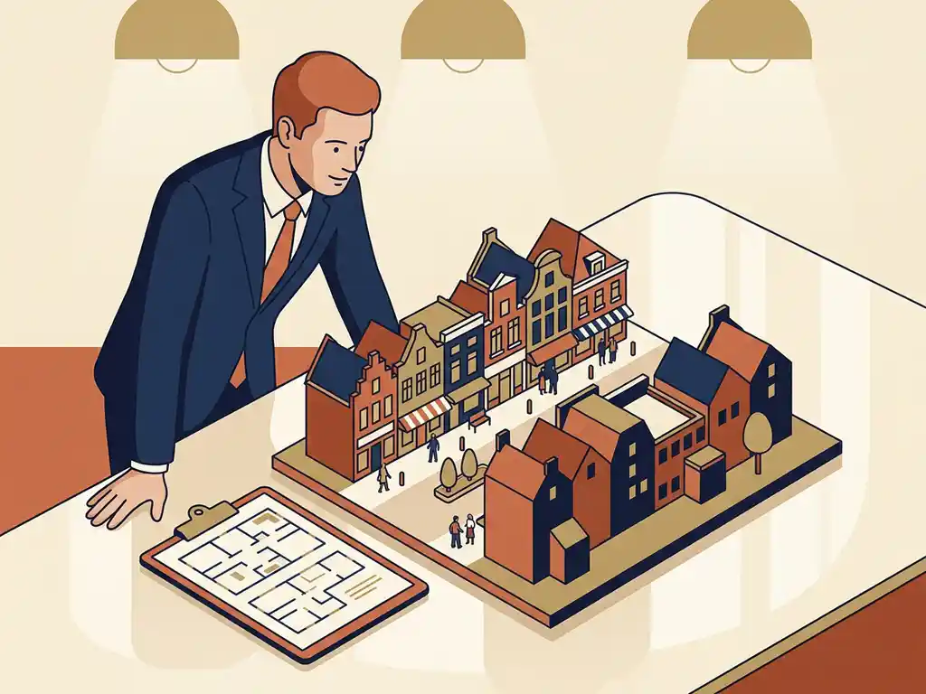 Investeerder in maatpak bestudeert schaalmodel van Nederlandse winkelstraat met miniaturuitstallingen en klembord met plattegronden.
