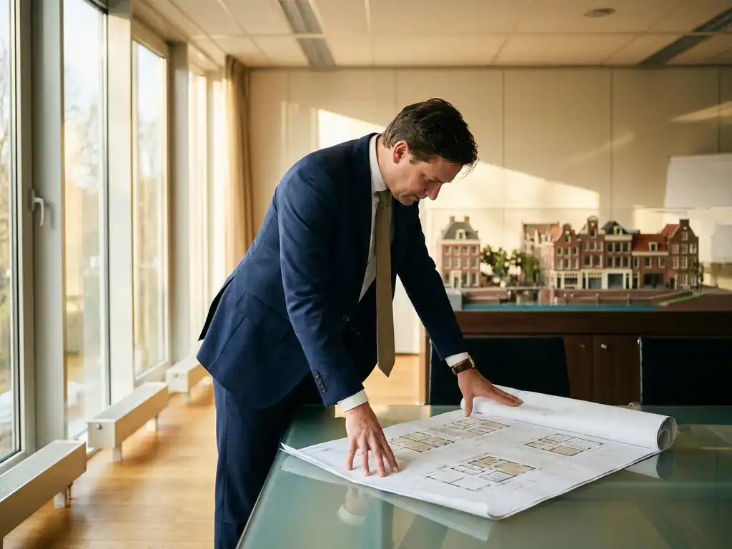 Investor in tailored suit reviewing architectural floor plans on a glass boardroom table, with a Dutch shopping street scale model in the background.