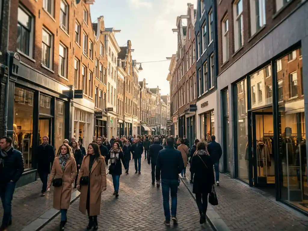 Kalverstraat pedestrian shopping street in Amsterdam with historic Dutch facades, modern storefronts, and shoppers in warm afternoon light.