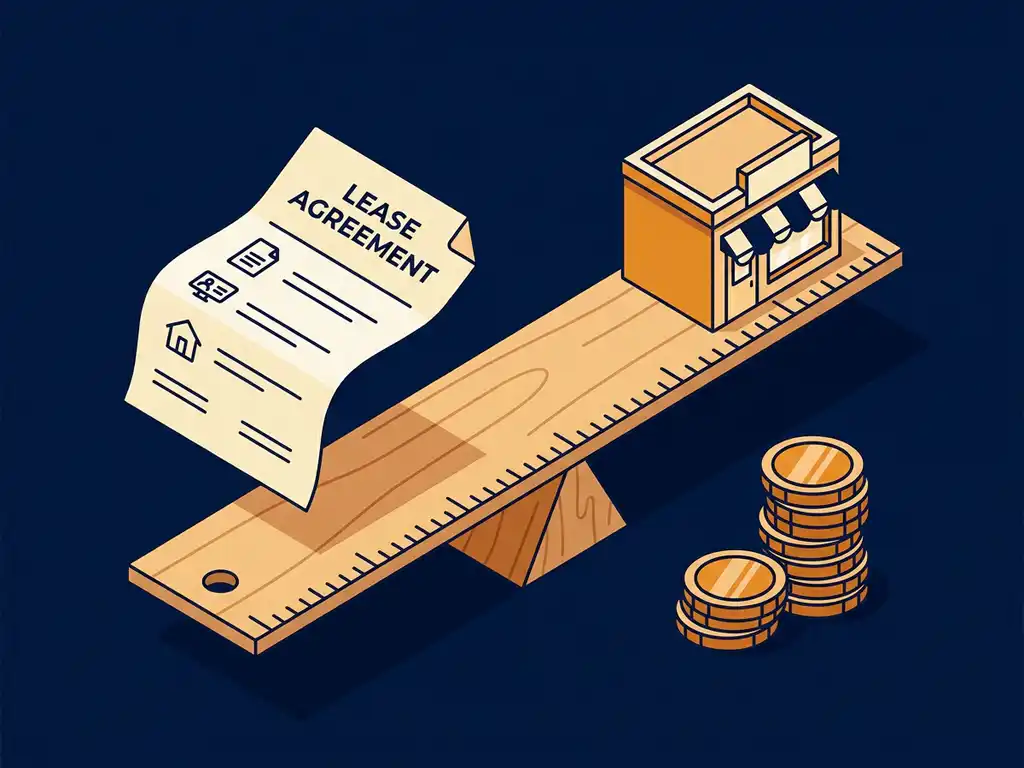 Lease document and retail storefront model balanced on a wooden ruler, with stacked coins, symbolizing contract terms versus investment value.