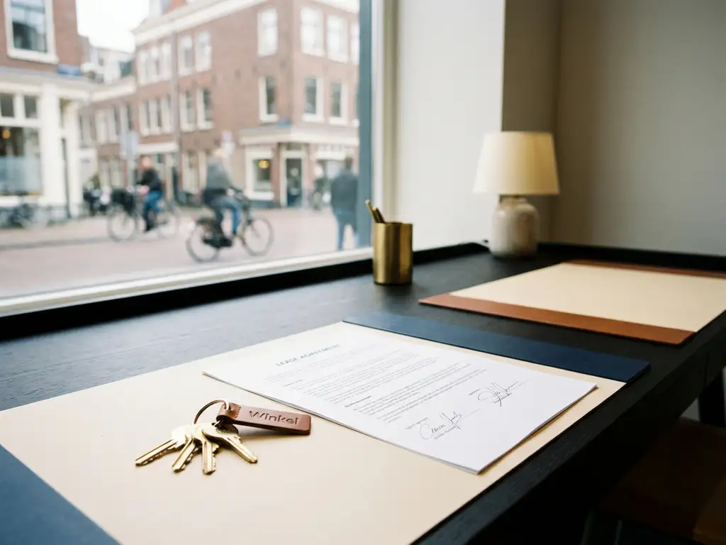 Signed lease agreement and store keys on a modern desk, with a Dutch shopping street visible through the window behind.