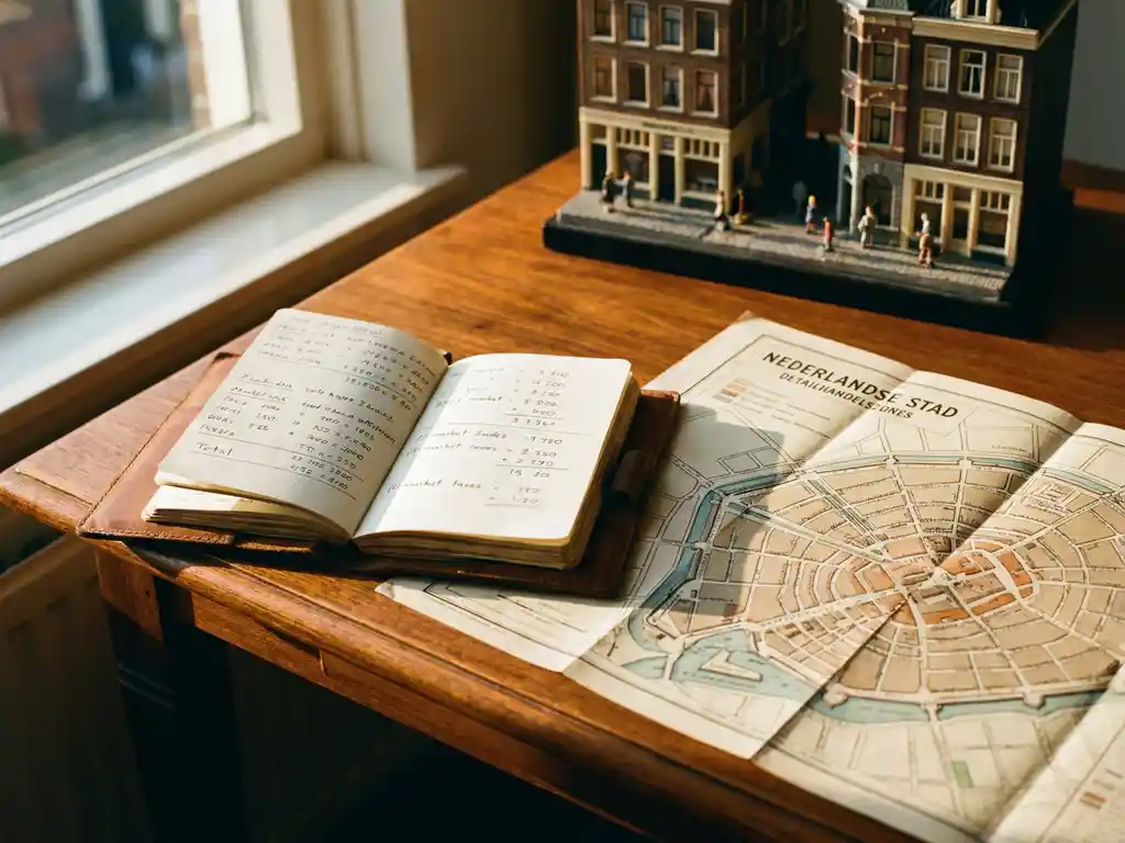 Leather-bound notebook with handwritten market figures open beside a printed map of Dutch city retail zones, scale model shopping street in background.