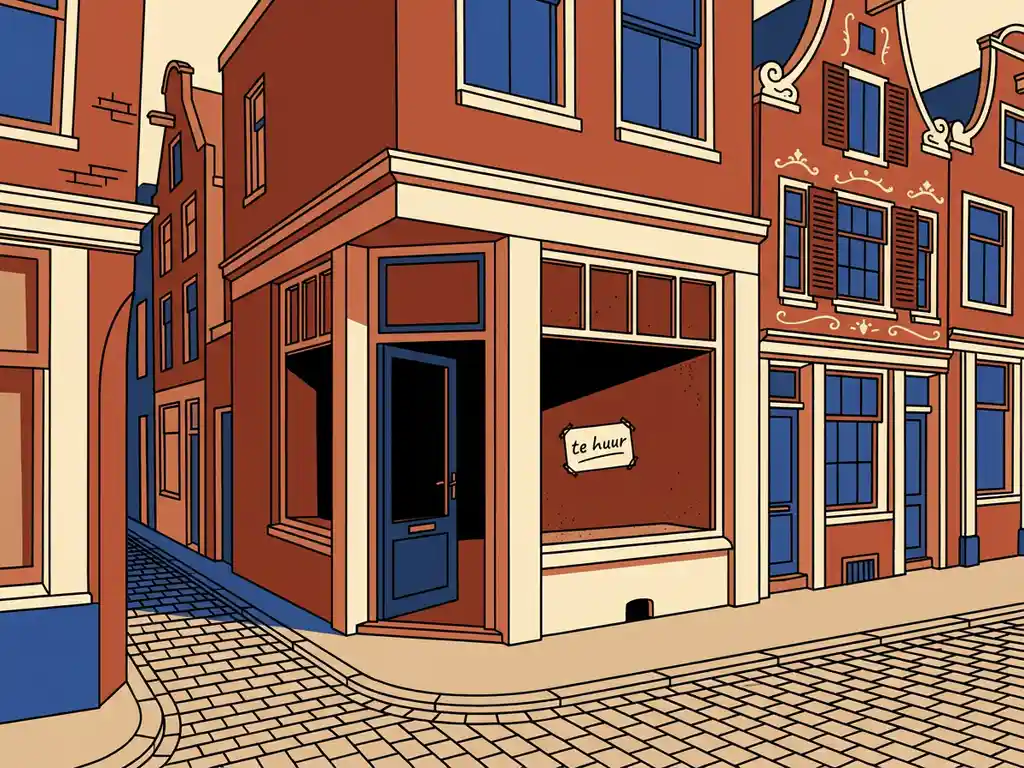 Leegstaand winkelpand op een Amsterdamse gracht met 'te huur'-bordje, historische grachtenpanden in terracotta en crème, vectorillustratie.