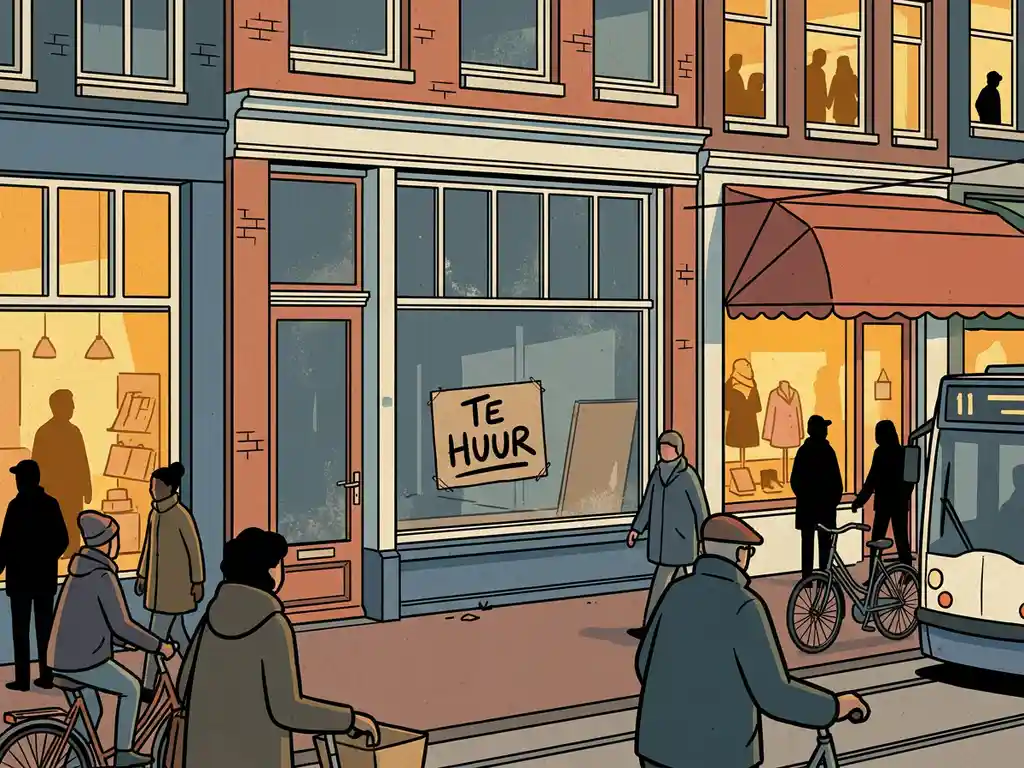 Leegstaand winkelpand met stoffige etalage en Te Huur-bord op een drukke Nederlandse winkelstraat van bakstenen gebouwen.
