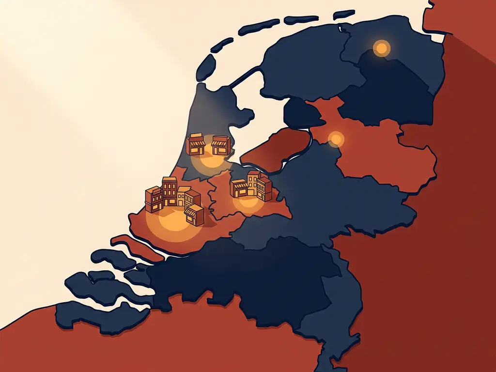 Geïllustreerde kaart van Nederland met gloeiende amber steden, miniatuur winkelpuien en een diepblauw kleurenpalet.