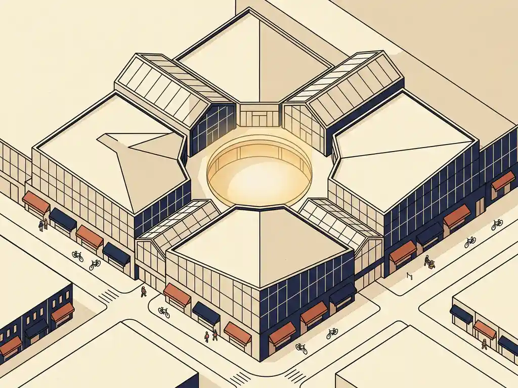 Luchtaanzicht van een modern Nederlands winkelcentrum met geometrische daken, glazen gevels en terracotta luifels in vlakke vectorillustratie.