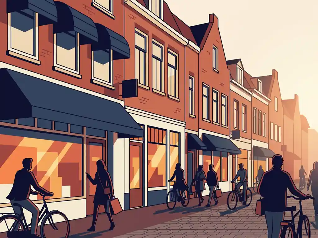 Drukke Nederlandse winkelstraat met elegante bakstenen gevels en grote etalages in warm middaglicht.