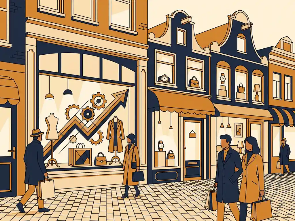Drukke Nederlandse winkelstraat met elegante etalages, stijgende prijsgrafiek als decoratief element, kindstenen op de voorgrond.