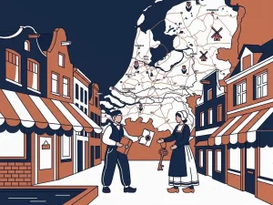 Illustrated map of the Netherlands with Dutch canal-side storefronts, figures exchanging a contract and key symbolizing a business transaction.