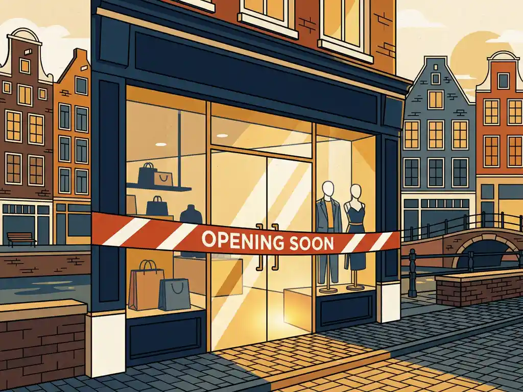 Winkelgevel met openingslint aan Amsterdamse gracht, etalagepoppen zichtbaar achter glazen deuren, vlakke vectorillustratie in amber en marineblauw.