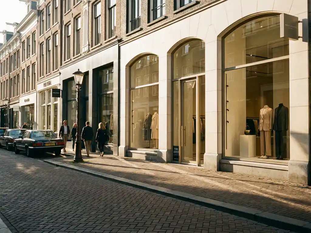 Luxury boutique storefronts on PC Hooftstraat Amsterdam with polished stone facades, designer window displays, and a for-lease sign in golden afternoon light.