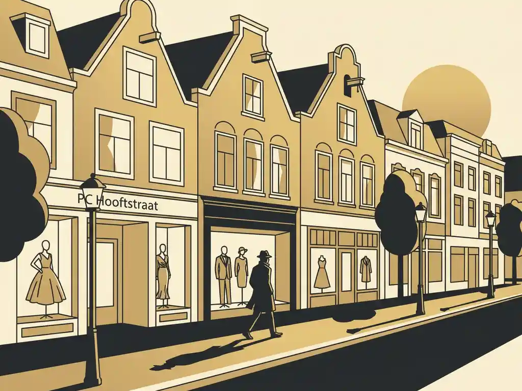 Elegante winkelstraat op de PC Hooftstraat Amsterdam met luxe etalages en een stijlvol geklede voorbijganger in gouden middaglicht.