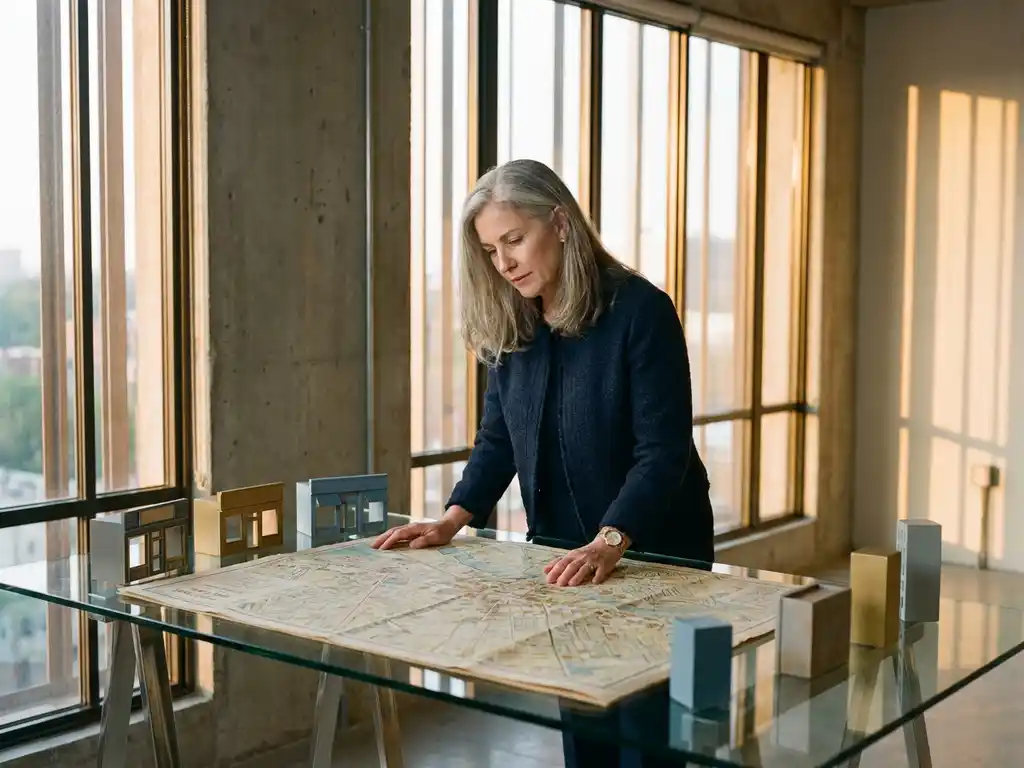 Property investor analyzing a detailed city retail map on a glass desk with miniature storefront models in warm afternoon light.