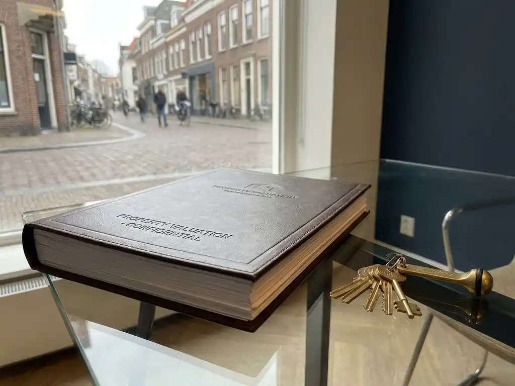 Formal property valuation document and retail keys on a glass desk, Dutch high-street shopfront visible through window behind.