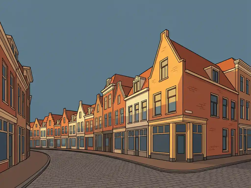 Hollandse winkelstraat met terracotta gevels waarvan de daklijnen een fluctuerende rentecurve vormen, gouden middaglicht op hoekpand.