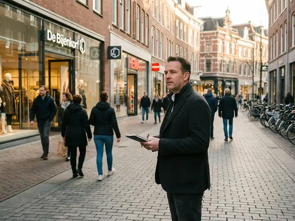 Retail analyst observing foot traffic on a cobblestone Dutch shopping street, warm afternoon light illuminating brick-facade storefronts.