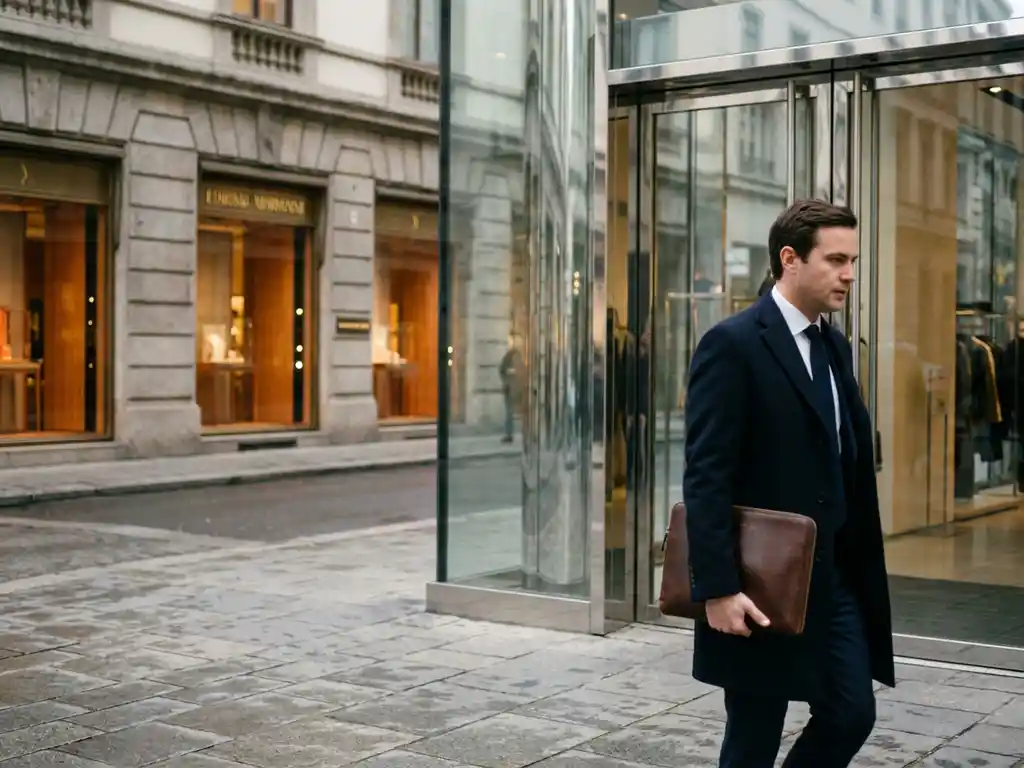 Suited investor holding leather portfolio outside a high street storefront reflected in a modern shopping centre glass facade.