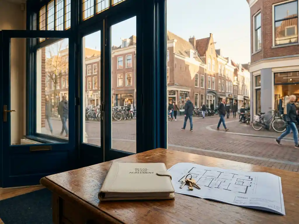 Retail leasing contract on a wooden table in a Dutch high-street storefront, with keys, floor plan, and cobblestone street visible through large windows.