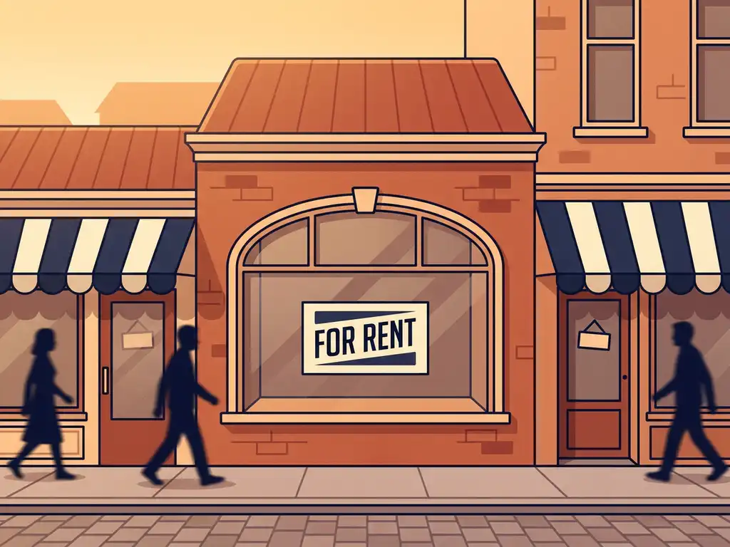retail-storefront-for-rent-european-street.jpg Small European retail storefront with terracotta brick facade, large display window, and a for-rent sign, bathed in warm afternoon light.