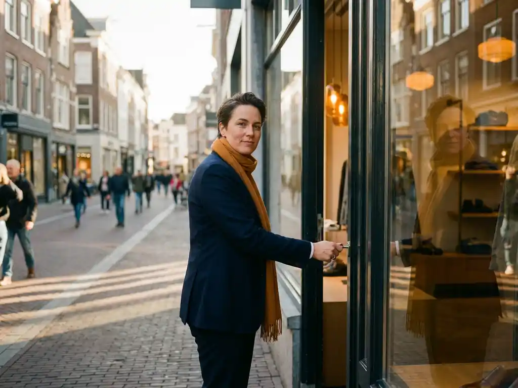 Retailer unlocking a glass storefront on a Dutch high street, warm afternoon light reflecting in polished display windows along a brick-paved shopping street.