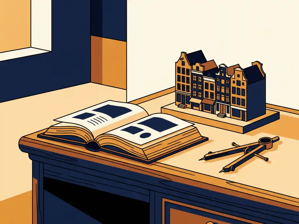 Opengeslagen RICS-standaardenboek op gepolijst bureau naast miniatuurmodel van Nederlandse winkelstraat en messing meetinstrument.