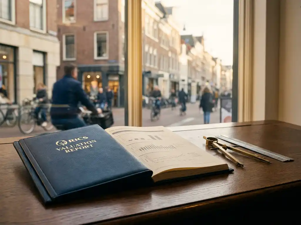 Open RICS valuation report on a polished oak desk with architect's measuring tools, Dutch retail street visible through floor-to-ceiling window.