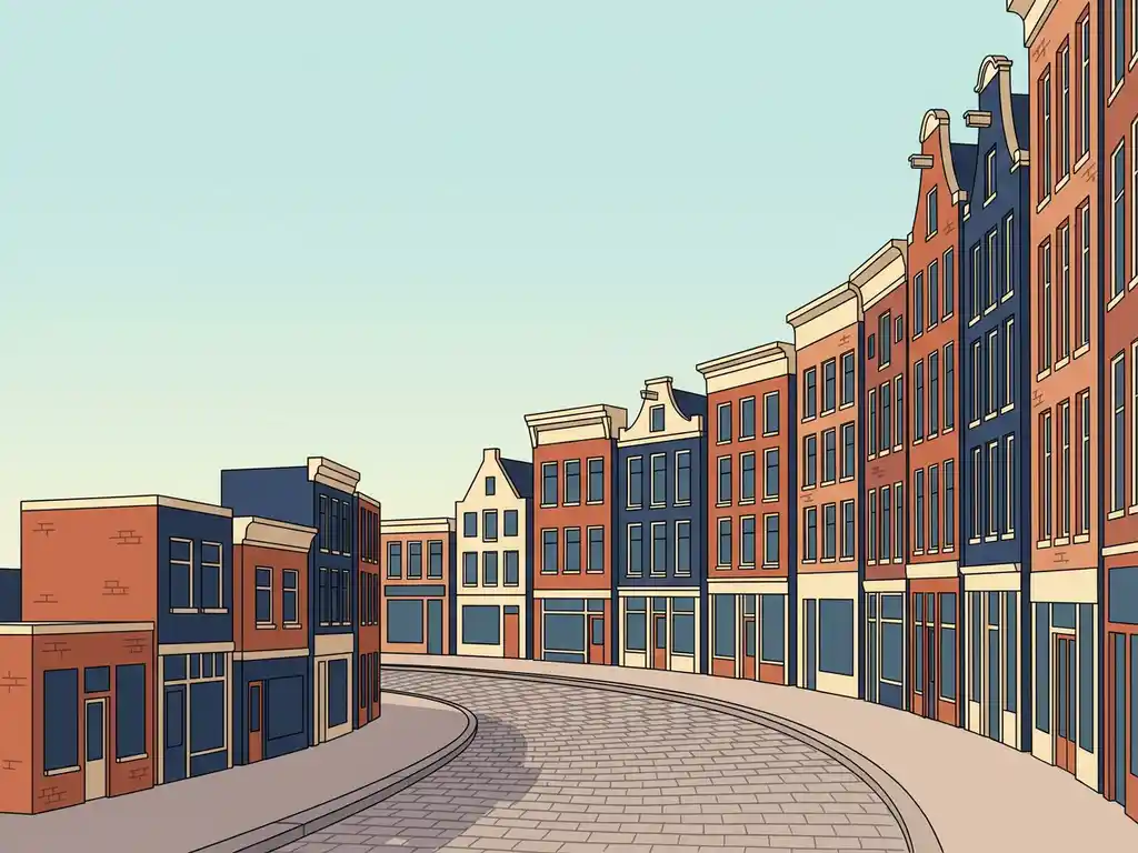 Stijgende grafiek van gestapelde Nederlandse winkelpanden op een kinderkopjesstraat, symboliseert huurgroei in de retailmarkt.