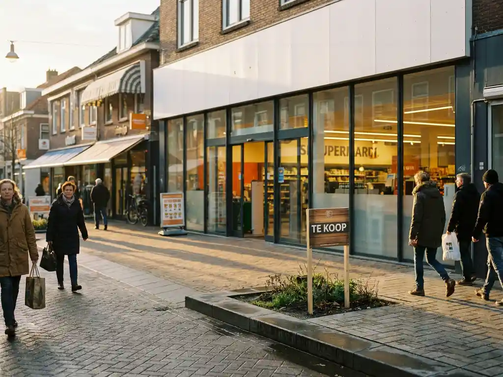 Supermarket storefront on a Dutch retail strip with smaller shops behind it, a "For Sale" sign near the curb, warm afternoon light across the pedestrian zone.