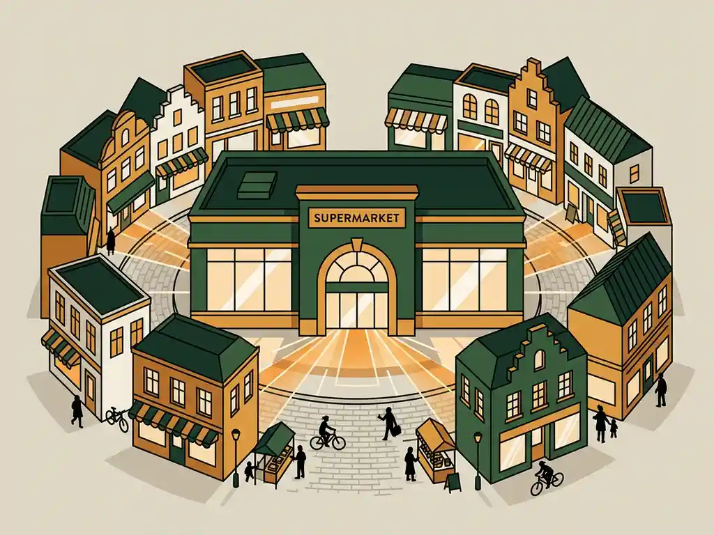 Supermarkt als ankerpunt in Nederlandse winkelstraat, omringd door kleinere boetieks, vlakke vectorillustratie in bosgroen en amber.