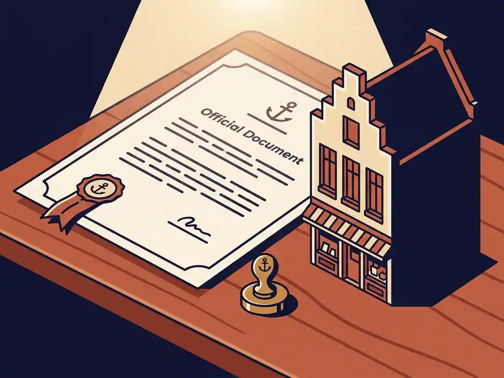Gecertificeerd taxatierapport op houten bureau naast miniatuurmodel van Nederlands grachtenpand met messing zegelstempel.