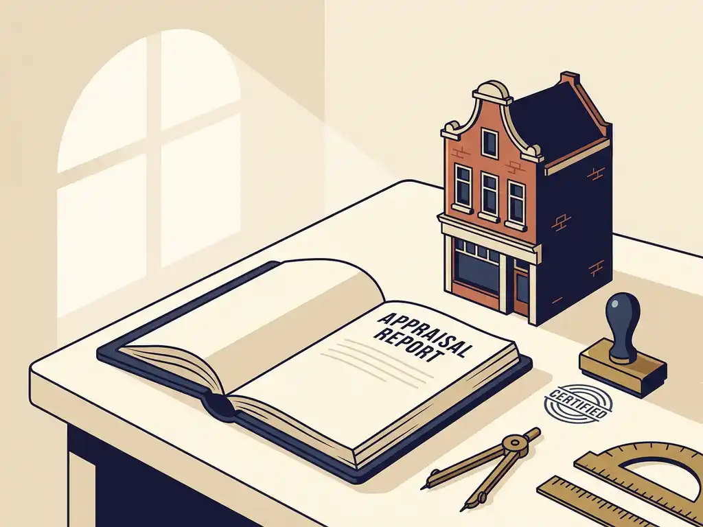 Opengeslagen taxatierapport in leren omslag naast een miniatuurmodel van een Nederlandse winkelgevel, met meetgereedschap en koperen stempel op bureau.