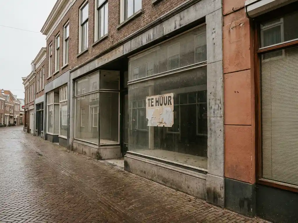 Vacant Dutch retail storefront with dusty windows and faded "Te Huur" for-rent sign on a quiet brick-paved shopping street.